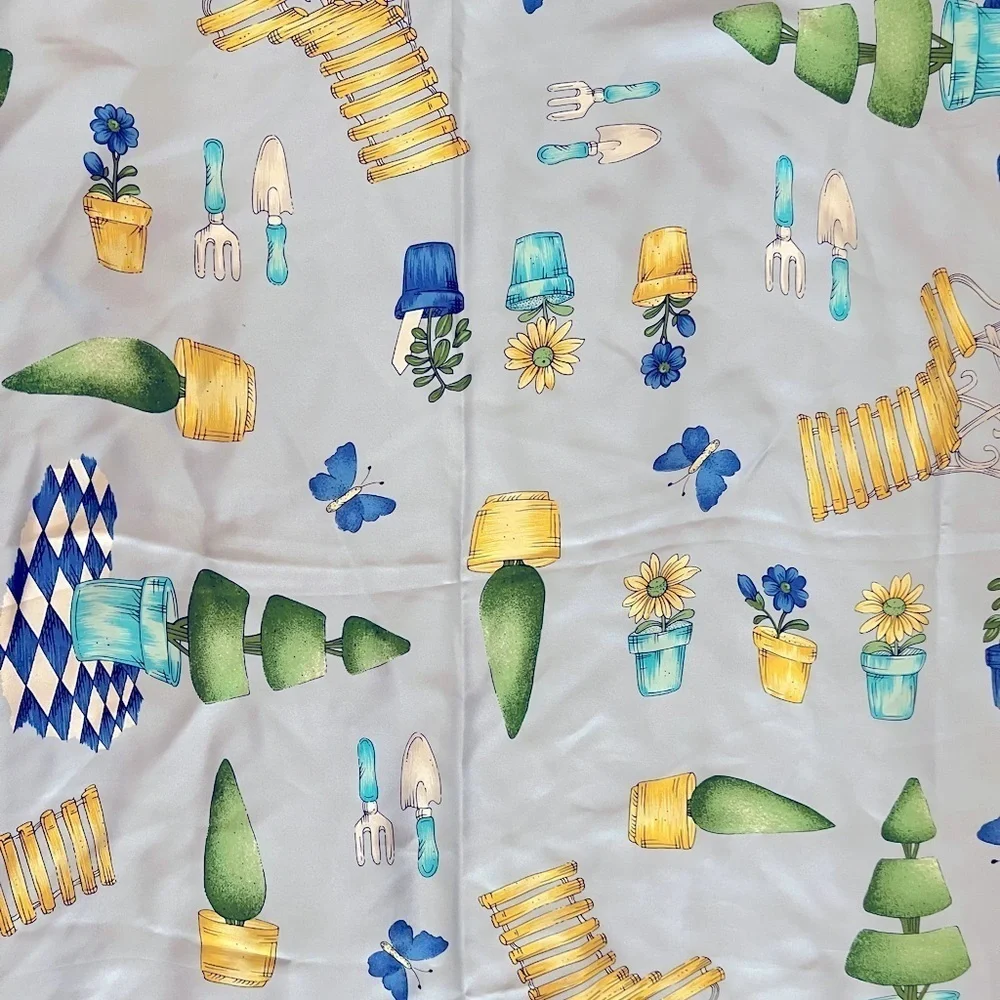 ECHO silk scarf with lawn & gardening theme, flowerpots, tools, topiary, blue